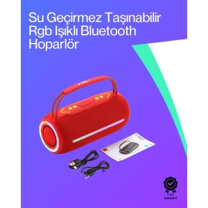 360 RGB LEDli Taşınabilir Bluetooth Hoparlör – Kırmızı, USB/TF Destekli