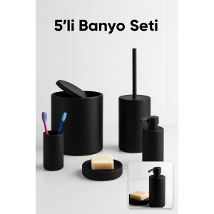 5 Parça Siyah Banyo Seti Yuvarlak Çöp Kovası Tuvalet Fırçası Sabunluk Fırçalık Modern