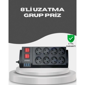 Akım Korumalı 8’li Priz 3 USB’li Uzatma Kablosu Isıya Dayanıklı 2 Metre