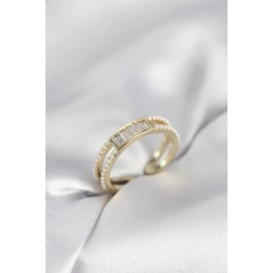 Baget Zirkon Taşlı Gold Renk İncili Kadın Yüzük