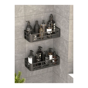 Banyo Duş Rafı 2li Yapışkanlı ve Deliksiz Duş Organizer Suya Dayanıklı Siyah Raf