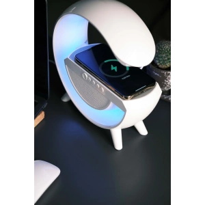 Beyaz Bluetooth Hoparlörlü Masa Lambası, Kablosuz Şarj Özellikli ve 2 Saat Dinleme Süresi