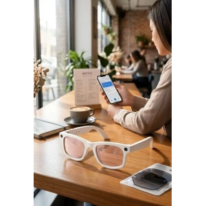 Beyaz Çerçeveli Akıllı Gözlük Fotoğraf Video Ses Kaydı Bluetooth Bağlantılı