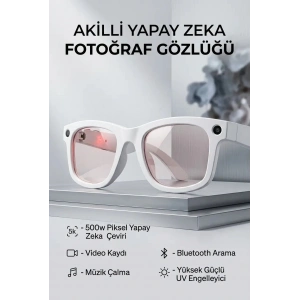 Beyaz Yapay Zeka Asistanlı Akıllı Gözlük Kameralı Bluetooth Modern Tasarım