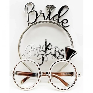 Bride Yazılı Taç ve Bride To Be Yazılı Gözlük Seti - Gümüş Renk