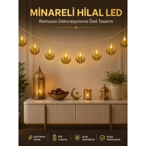 Dekoratif Minareli Hilal LED Işık Metal Gövdeli Ramazan Aydınlatma