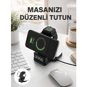 Dijital Saatli Kablosuz Şarj İstasyonu – 3’ü 1 Arada Apple Uyumlu Hızlı Şarj ve LED Ekran Yeni Nesil