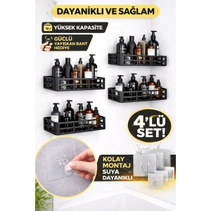 Duş İçi Yapışkanlı Banyo Rafı 4’lü Set | Delme Yok | Güçlü Yapışkan Bantlı Organizer