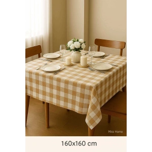 Fiber Kareli Masa Örtüsü Sofra Bezi Ekose Desen 160x160 Cm Bej
