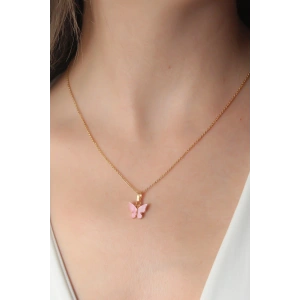 Gold Pembe Renk Kelebek Figür Kadın Kolye