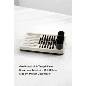 Gri Mutfak Bulaşıklığı Tezgah Üstü Tabaklık Bardaklık Kaşıklık Kurutma Standı