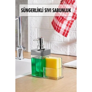 Gri Renkli Sıvı Sabunluk Süngerlik Hazneli 450 ml