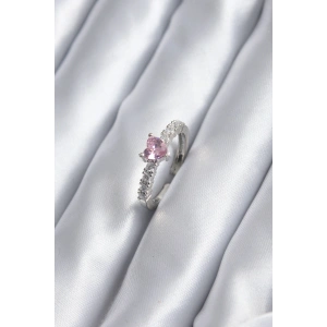 Gümüş Renk Zirkon Taşlı Pembe Kristal Kalp Model Kadın Yüzük