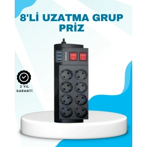 Isıya Dayanıklı Termal Akım Korumalı 8li Priz ve 3 USB Girişli Uzatma Kablosu