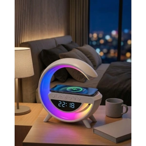 Kablosuz Şarjlı LED Işıklı Masa Saati Bluetooth Hoparlör Alarm Fonksiyonlu