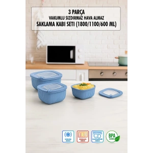 Kare 3 Parça Vakumlu Sızdırmaz Hava Almaz Saklama Kabı Seti Mavi (1800/1100/600 Ml)
