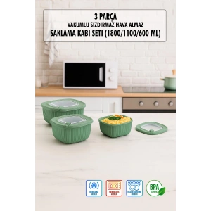 Kare 3 Parça Vakumlu Sızdırmaz Hava Almaz Saklama Kabı Seti Yeşil (1800/1100/600 Ml)
