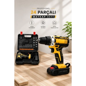 Metal Dişli 24W Akülü Matkap -Çift Bataryalı ve LED Çalışma Işığı ile Tam Set