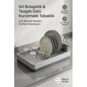 Modern Kurutmalık Tabaklık Gri Tezgah Üstü Bulaşıklık Bardaklık Standı Mutfak