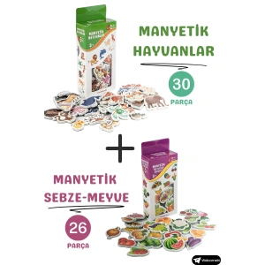 Oyuncak Manyetik Mıknatıslı 30 Parça Hayvanlar 26 Parça Sebze Meyveler Eğitici Set Magnet