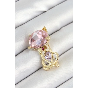 Pembe Zirkon Taşlı Kap Detaylı Kedi Figürlü Gold Renk Kadın Broş