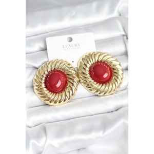 Pirinç Gold Renk Bordo Boncuklu Vintage Kadın Küpe