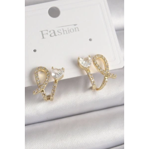 Pirinç Gold Renk Düğüm Model Zirkon Taşlı Kalp Detay Kadın Küpe
