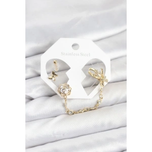 Pirinç Gold Renk Kelebekli Model Zincir Bağlantılı Ear Cuff Küpe Seti