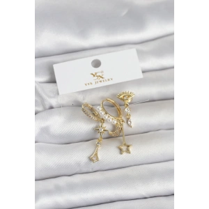 Pirinç Gold Renk Zirkon Taşlı Gece Temalı 3lü Kadın Küpe