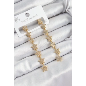 Pirinç Zirkon Taşlı Sallantılı Yıldız Model Gold Renk Kadın Küpe