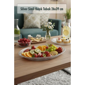 Silver Simli Büyük Kayık Tabak Sunum & Servis Tabağı - 26,5 x 39,5 cm
