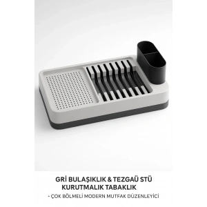 Tabak Bölmeli Tezgah Üstü Gri Bulaşıklık Bardak Kaşık Kurutmalık Mutfak Standı