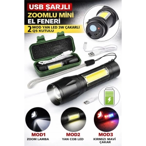 USB Şarjlı Zoomlu Mini El Feneri 3 Mod Yan COB LED Çakar Q5 Güçlü Işık Kutulu