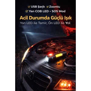 USB Şarjlı Zoomlu Mini El Feneri Q5 Güçlü Işık Yan COB LED SOS Mod Kutulu Acil Durum Işığı
