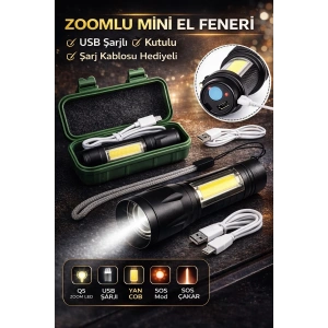 USB Şarjlı Zoomlu Mini El Feneri Q5 Güçlü Işık Yan COB LED SOS Mod Kutulu Şarj Kablolu Set