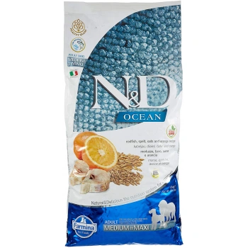 N&D Ocean Düşük Tahıllı Balkabaklı Morina Balıklı Portakallı Medium Maxi Yetişkin Köpek Maması 12 Kg