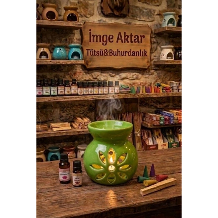 Yeşil Lotus Desenli Seramik Buhurdanlık Mumluk