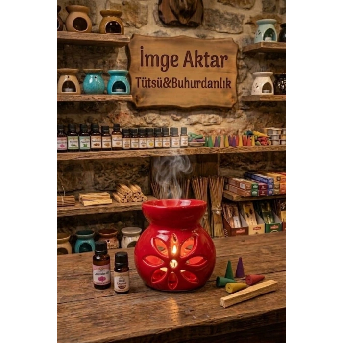 Kırmızı Lotus Desenli Seramik Buhurdanlık Mumluk Dekoratif