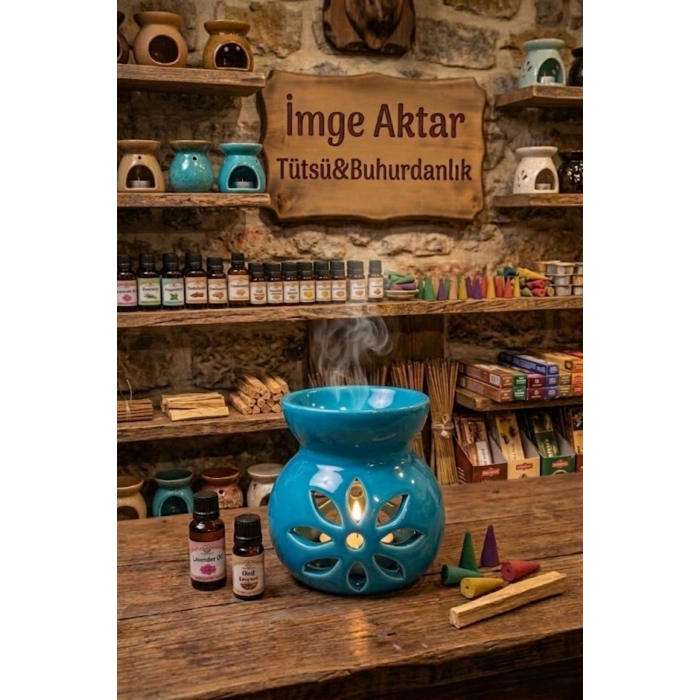 Mavi Lotus Desenli Seramik Buhurdanlık Mumluk Dekoratif