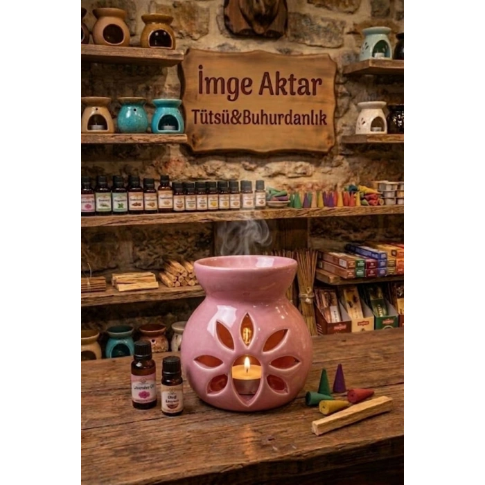 Pembe Lotus Desenli Seramik Buhurdanlık Mumluk Dekoratif