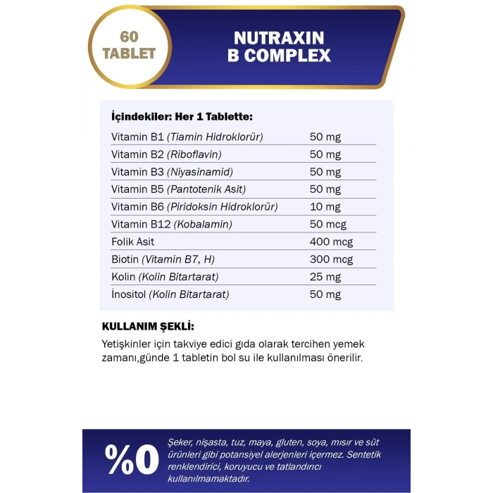 Nutraxin B Vitamin Complex - B Vitamini Takviyesi 60 Tablet