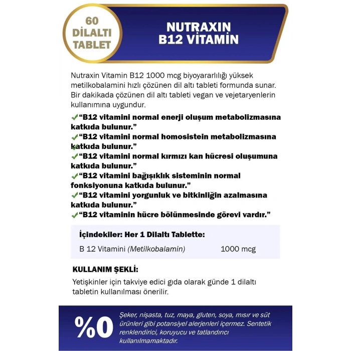 Nutraxin B12 Vitamini 1000 Mcg - Dil Altı Tableti - Hızlı Emilim
