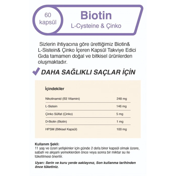 Biotin & L-Sistein & Çinko 500 Mg 60 Kapsül