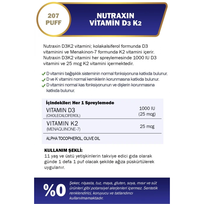 Nutraxin D3-K2 30 Ml Sprey - 1000 IU D3 Vitamini, 25 mcg K2 Vitamini