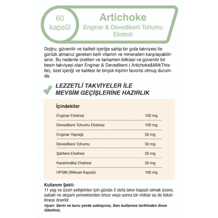 Enginar Ekstreli & Devedikeni Tohumu Ekstreli 500 Mg 60 Kapsül