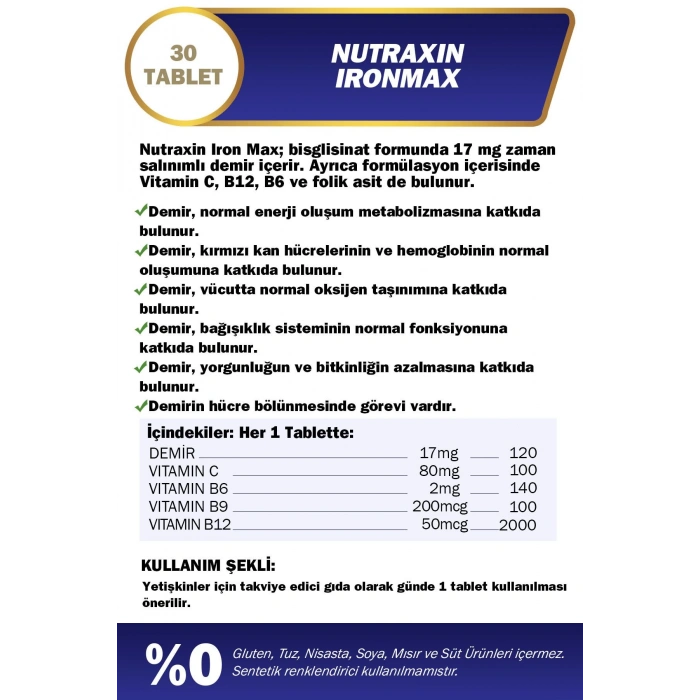 Nutraxin Iron Max 17 Mg 30 Tablet - Gentle Iron, Vitamin C, B12, B6, Folik Asit