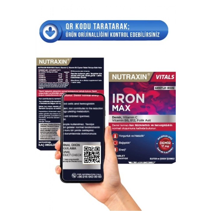 Nutraxin Iron Max 17 Mg 30 Tablet - Gentle Iron, Vitamin C, B12, B6, Folik Asit