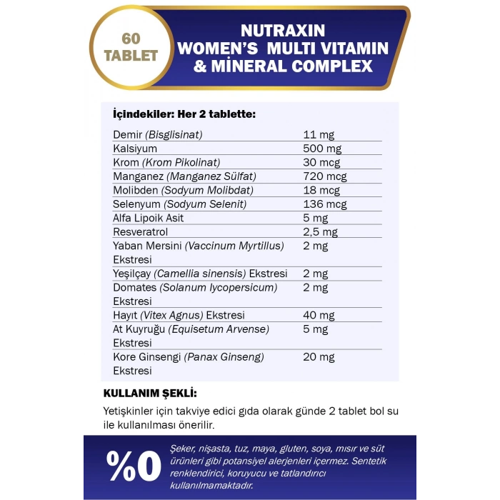 Nutraxin Multivitamin Kadın Multivitamin & Mineral Complex 60 Tablet