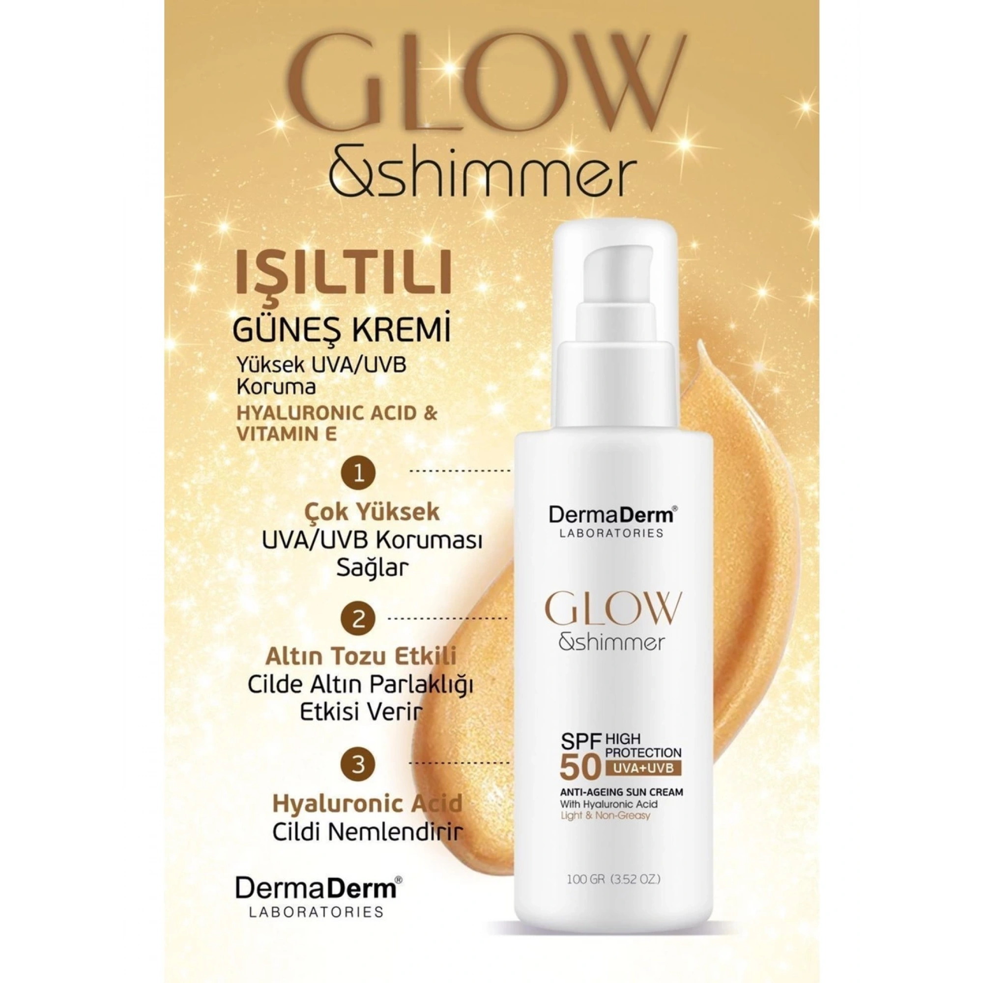 Dermaderm Glow ve Shimmer Simli Güneş Kremi Spf 50 100 GR - Işıltılı Yüksek Koruma