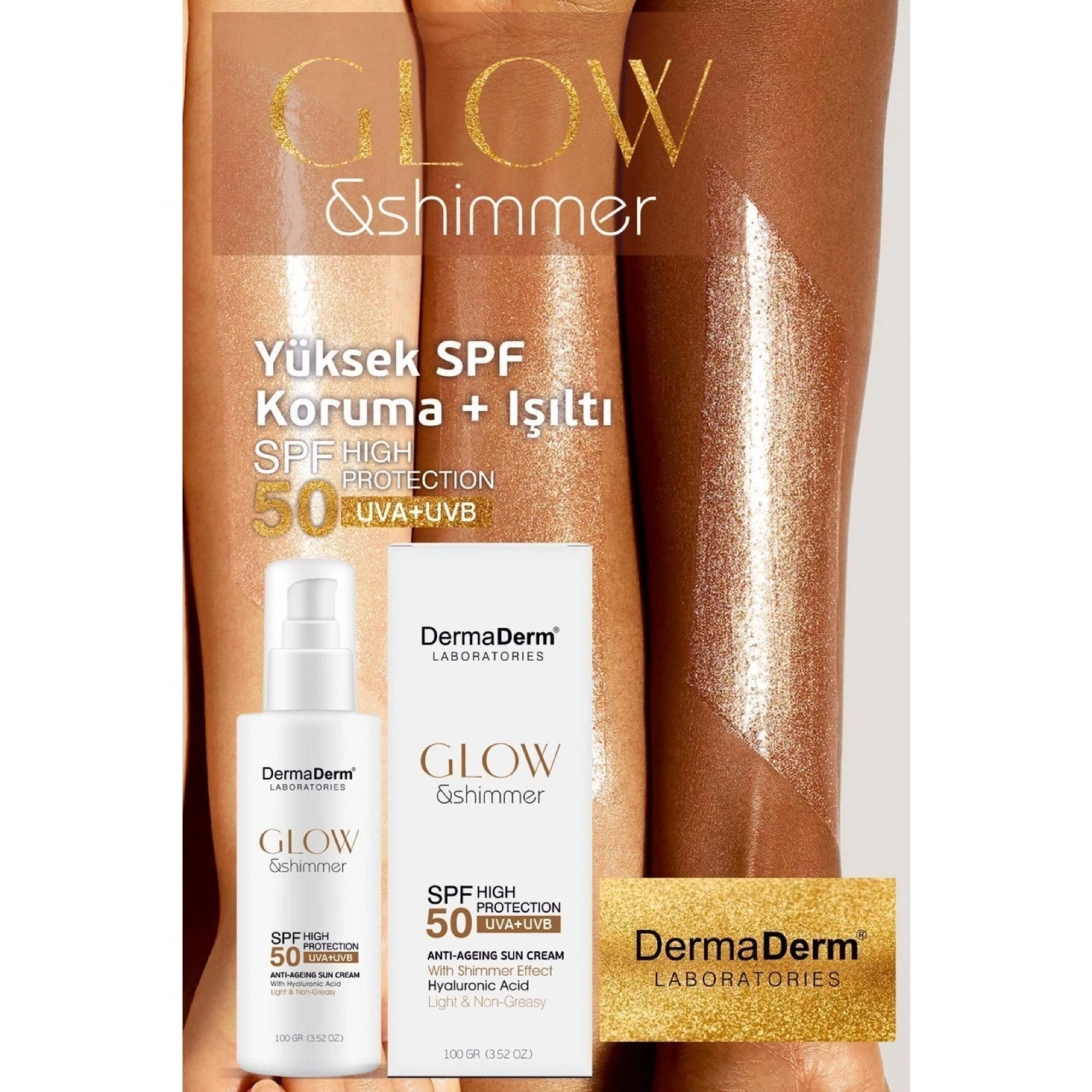 Dermaderm Glow ve Shimmer Simli Güneş Kremi Spf 50 100 GR - Işıltılı Yüksek Koruma
